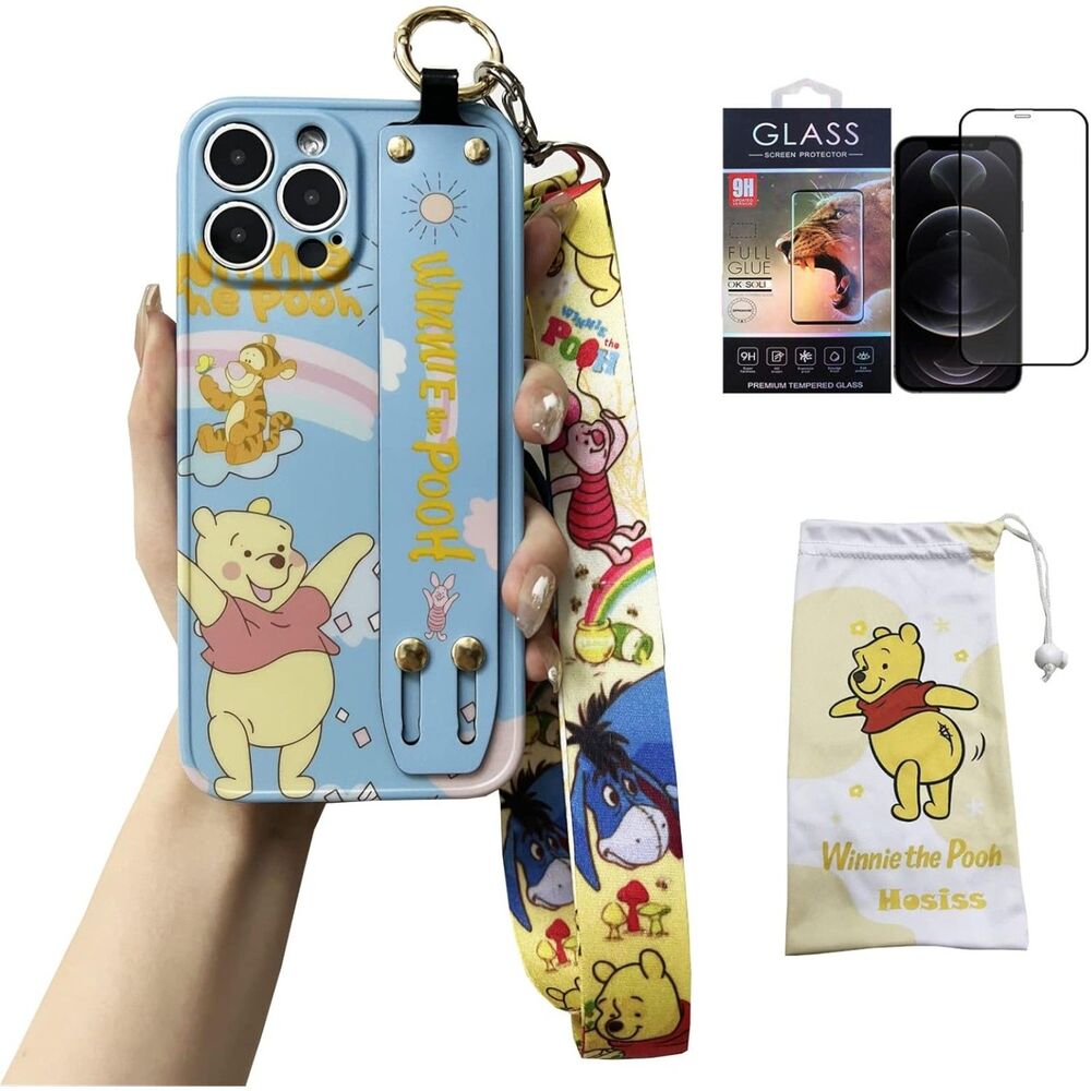 iPhone 13 Pro Winnie the Pooh Case Strap Lanyard Screen Protector Cute